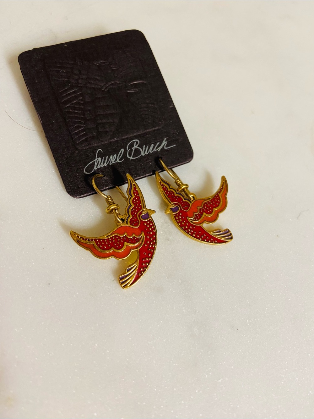 Vintage Laurel Burch “Kris” Red Bird Enamel Drop Earrings